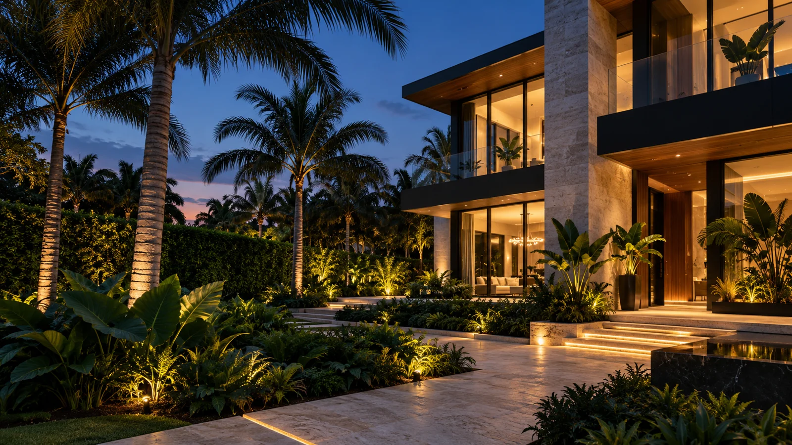 Illustrative modern home with premium tropical landscaping at dusk